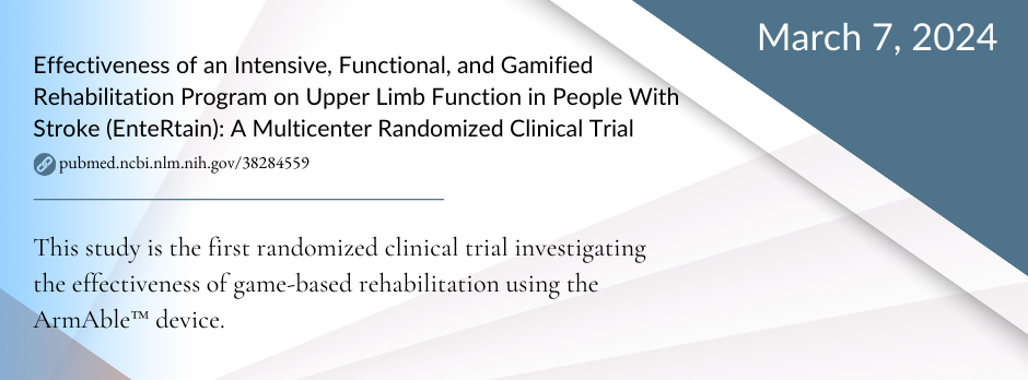 March 7, 2024 publication summary titled 'Effectiveness of an Intensive, Functional, and Gamified Rehabilitation Program on Upper Limb Function in People With Stroke,' highlighting the first trial of game-based rehab using the ArmAble™ device.